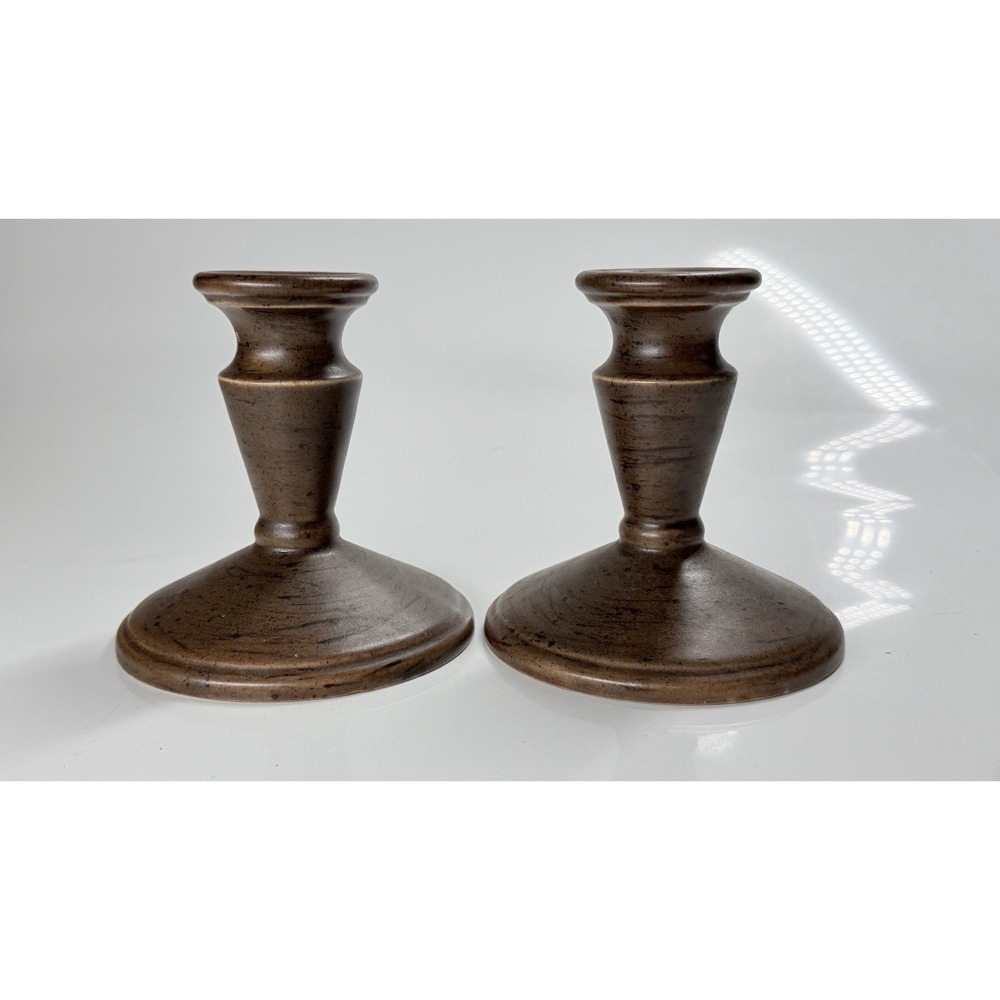 Vintage 1970s Holland Wood Look Pottery Taper Candle Holder Set